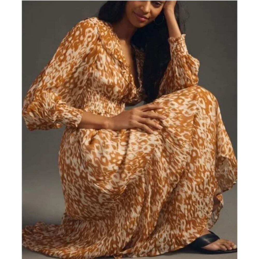 Anthropologie Odetta Ruffled V Neck Maxi Dress Small Honey Orange Boho Cottage - Picture 3 of 13